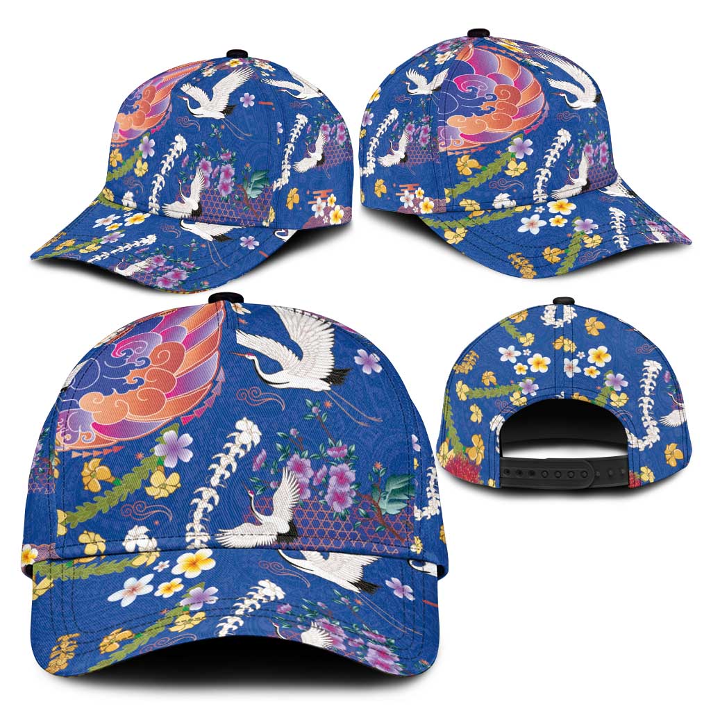Hawaiian and Japanese Culture Together Classic Cap Kakau Tribal Pattern and Irezumi Art Blue Color