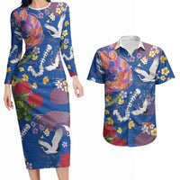 Hawaiian and Japanese Culture Together Couples Matching Long Sleeve Bodycon Dress and Hawaiian Shirt Kakau Tribal Pattern and Irezumi Art Blue Color