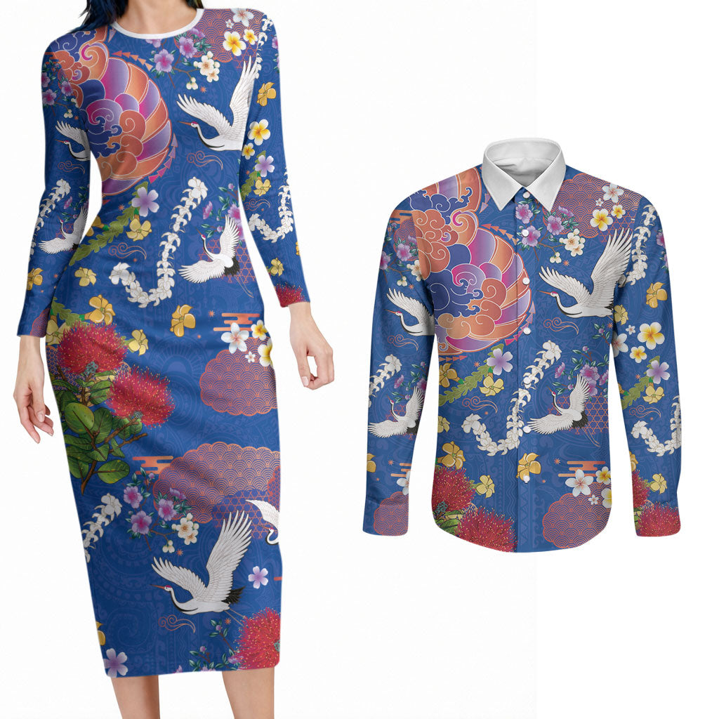 Hawaiian and Japanese Culture Together Couples Matching Long Sleeve Bodycon Dress and Long Sleeve Button Shirt Kakau Tribal Pattern and Irezumi Art Blue Color