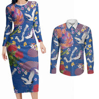 Hawaiian and Japanese Culture Together Couples Matching Long Sleeve Bodycon Dress and Long Sleeve Button Shirt Kakau Tribal Pattern and Irezumi Art Blue Color