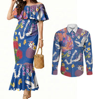 Hawaiian and Japanese Culture Together Couples Matching Mermaid Dress and Long Sleeve Button Shirt Kakau Tribal Pattern and Irezumi Art Blue Color