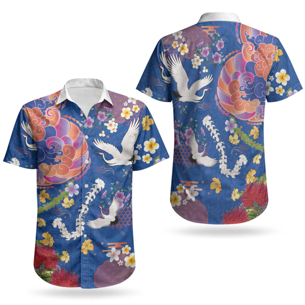 Hawaiian and Japanese Culture Together Couples Matching Off Shoulder Maxi Dress and Hawaiian Shirt Kakau Tribal Pattern and Irezumi Art Blue Color