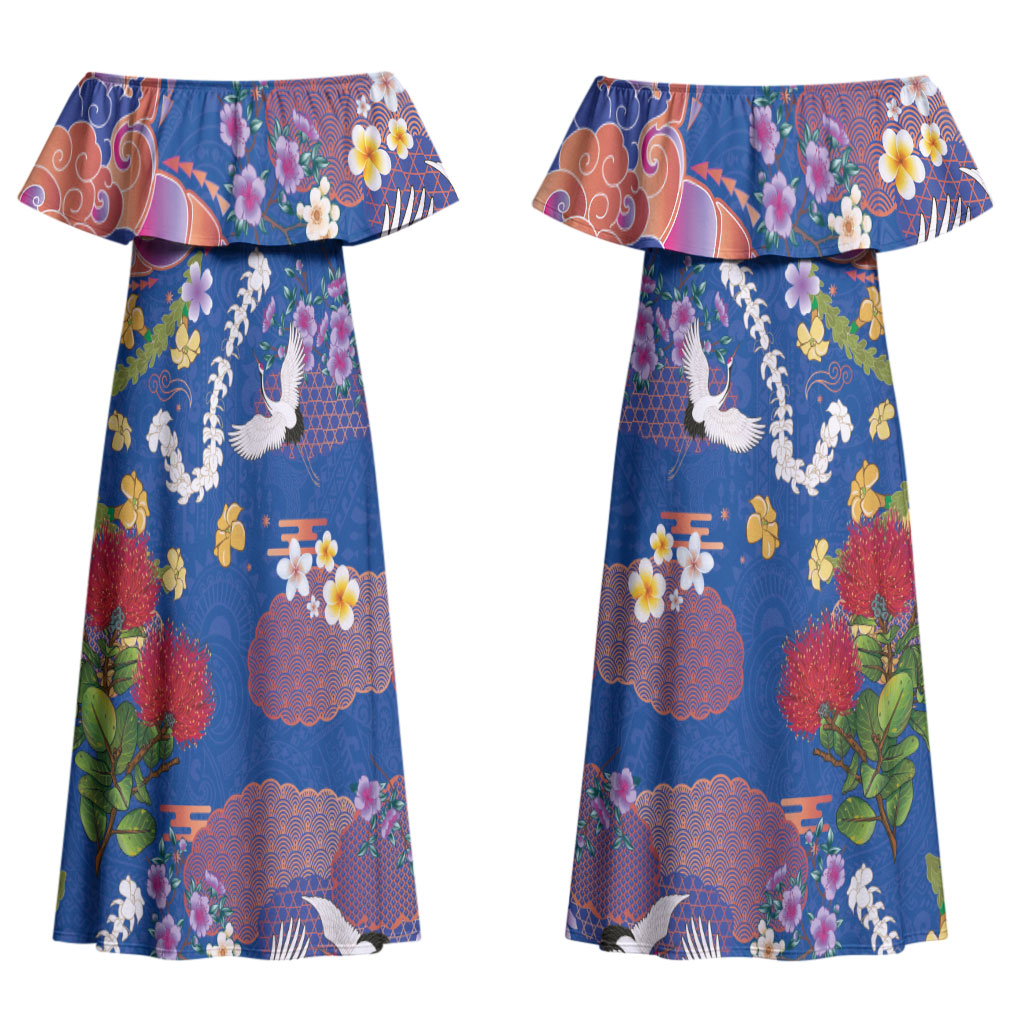 Hawaiian and Japanese Culture Together Couples Matching Off Shoulder Maxi Dress and Hawaiian Shirt Kakau Tribal Pattern and Irezumi Art Blue Color