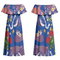 Hawaiian and Japanese Culture Together Couples Matching Off Shoulder Maxi Dress and Hawaiian Shirt Kakau Tribal Pattern and Irezumi Art Blue Color