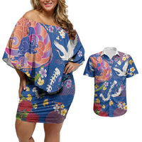 Hawaiian and Japanese Culture Together Couples Matching Off Shoulder Short Dress and Hawaiian Shirt Kakau Tribal Pattern and Irezumi Art Blue Color