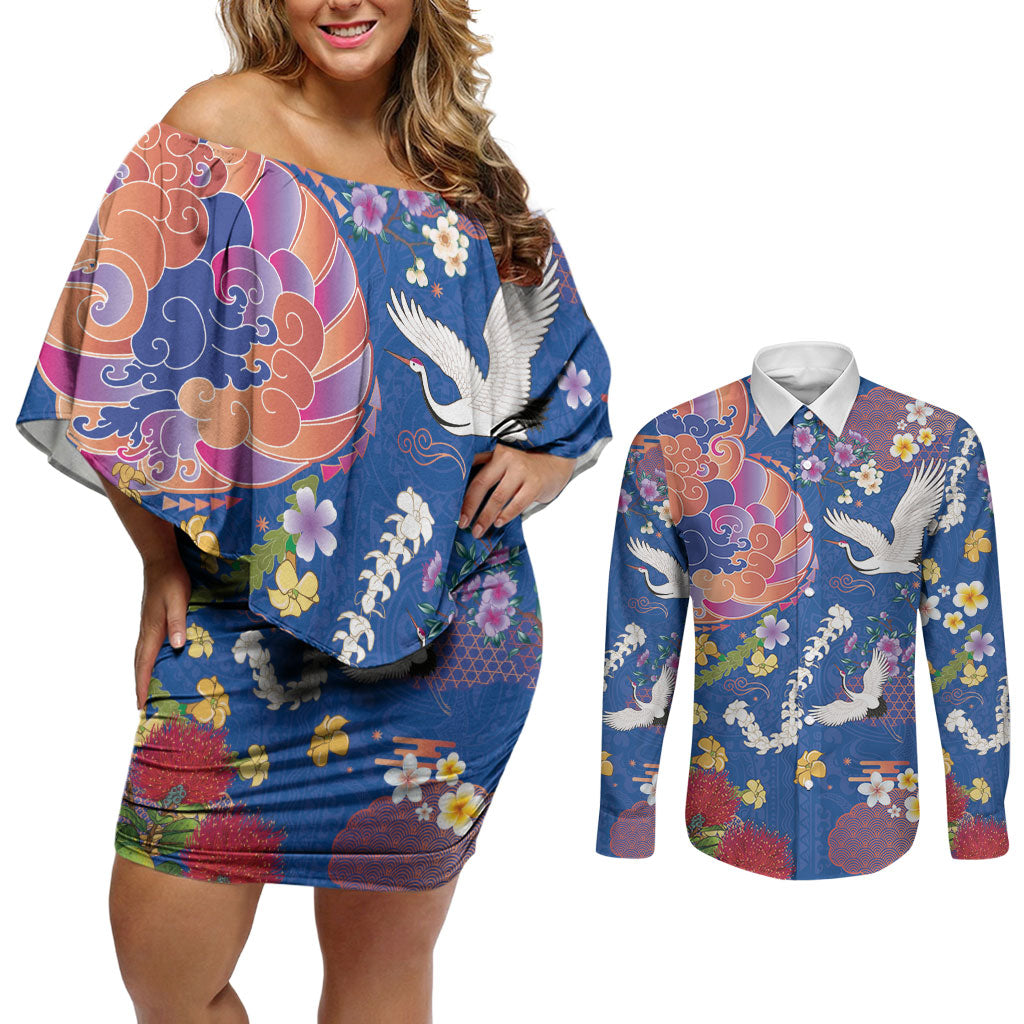 Hawaiian and Japanese Culture Together Couples Matching Off Shoulder Short Dress and Long Sleeve Button Shirt Kakau Tribal Pattern and Irezumi Art Blue Color