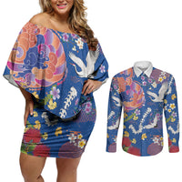 Hawaiian and Japanese Culture Together Couples Matching Off Shoulder Short Dress and Long Sleeve Button Shirt Kakau Tribal Pattern and Irezumi Art Blue Color