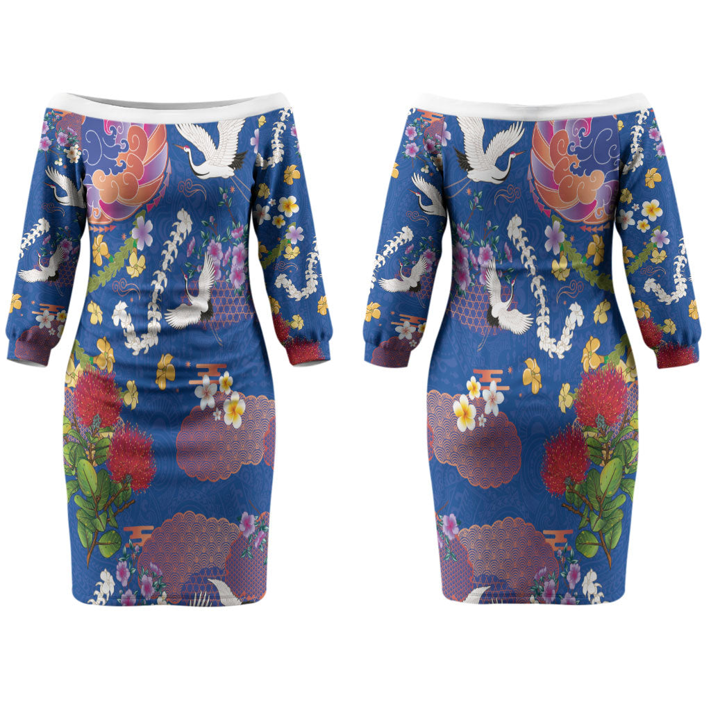 Hawaiian and Japanese Culture Together Couples Matching Off The Shoulder Long Sleeve Dress and Long Sleeve Button Shirt Kakau Tribal Pattern and Irezumi Art Blue Color