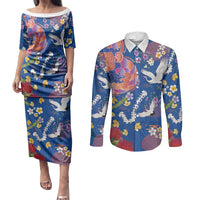 Hawaiian and Japanese Culture Together Couples Matching Puletasi and Long Sleeve Button Shirt Kakau Tribal Pattern and Irezumi Art Blue Color