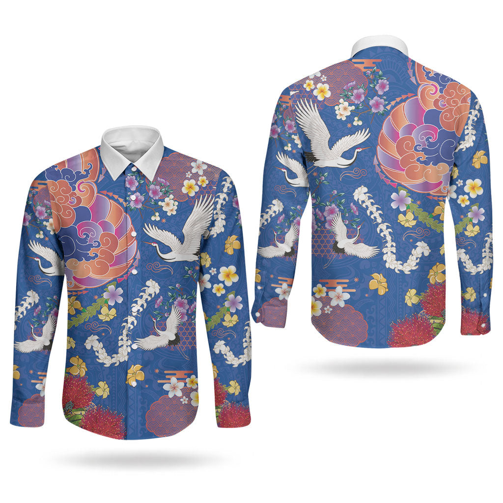 Hawaiian and Japanese Culture Together Couples Matching Puletasi and Long Sleeve Button Shirt Kakau Tribal Pattern and Irezumi Art Blue Color