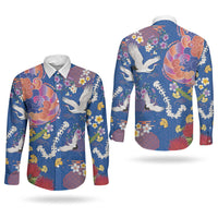 Hawaiian and Japanese Culture Together Couples Matching Puletasi and Long Sleeve Button Shirt Kakau Tribal Pattern and Irezumi Art Blue Color