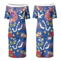 Hawaiian and Japanese Culture Together Couples Matching Puletasi and Long Sleeve Button Shirt Kakau Tribal Pattern and Irezumi Art Blue Color