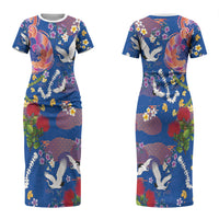 Hawaiian and Japanese Culture Together Couples Matching Short Sleeve Bodycon Dress and Long Sleeve Button Shirt Kakau Tribal Pattern and Irezumi Art Blue Color