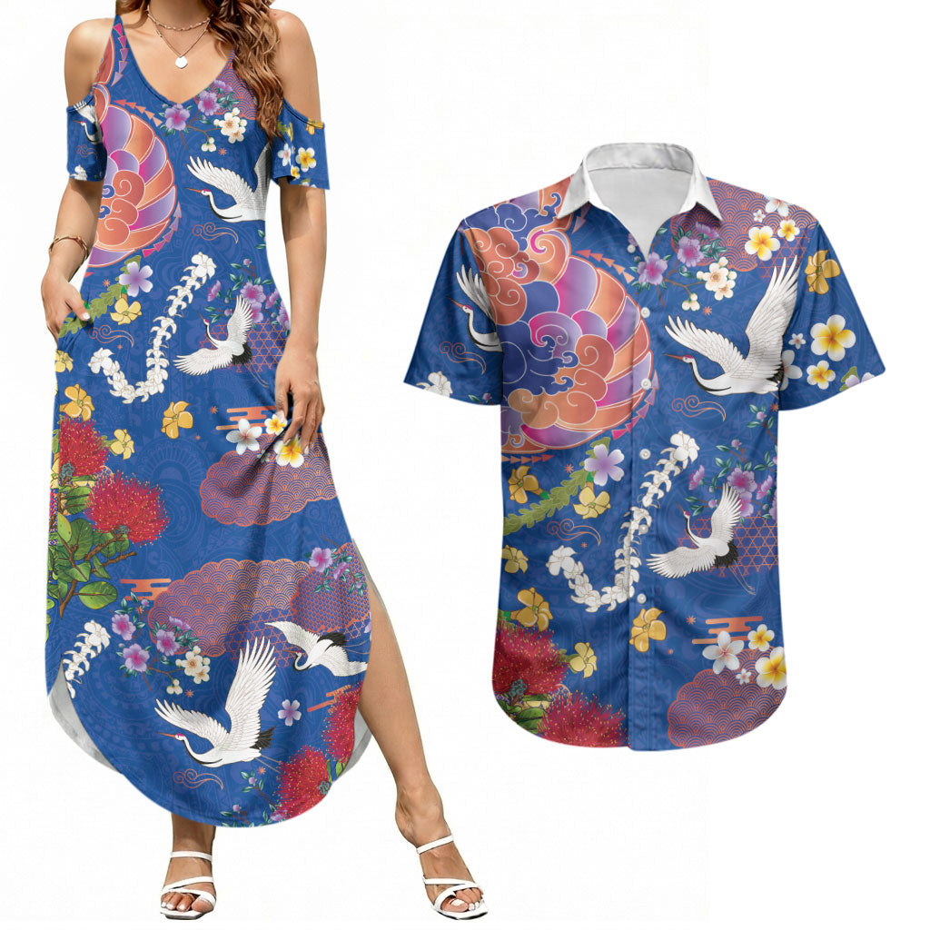 Hawaiian and Japanese Culture Together Couples Matching Summer Maxi Dress and Hawaiian Shirt Kakau Tribal Pattern and Irezumi Art Blue Color