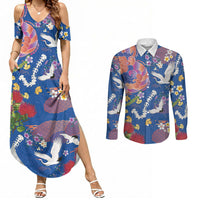 Hawaiian and Japanese Culture Together Couples Matching Summer Maxi Dress and Long Sleeve Button Shirt Kakau Tribal Pattern and Irezumi Art Blue Color