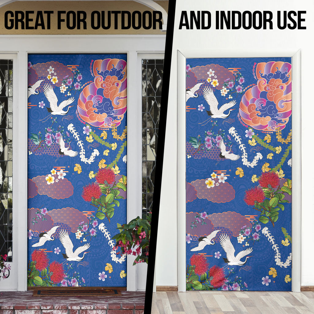 Hawaiian and Japanese Culture Together Door Cover Kakau Tribal Pattern and Irezumi Art Blue Color