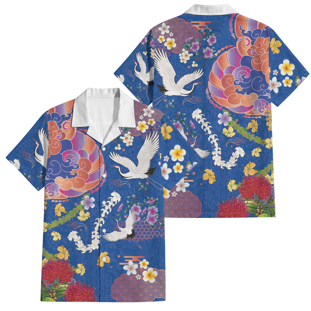 Hawaiian and Japanese Culture Together Family Matching Off The Shoulder Long Sleeve Dress and Hawaiian Shirt Kakau Tribal Pattern and Irezumi Art Blue Color
