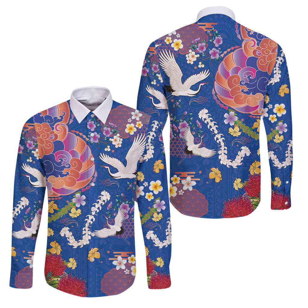 Hawaiian and Japanese Culture Together Family Matching Off Shoulder Maxi Dress and Hawaiian Shirt Kakau Tribal Pattern and Irezumi Art Blue Color