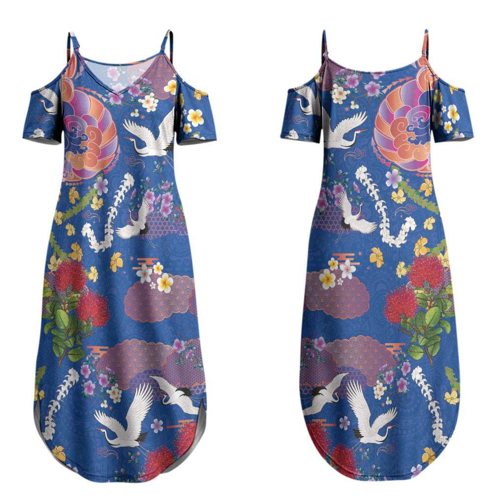 Hawaiian and Japanese Culture Together Family Matching Summer Maxi Dress and Hawaiian Shirt Kakau Tribal Pattern and Irezumi Art Blue Color
