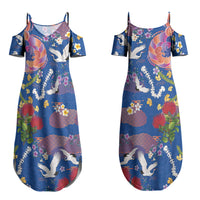 Hawaiian and Japanese Culture Together Family Matching Summer Maxi Dress and Hawaiian Shirt Kakau Tribal Pattern and Irezumi Art Blue Color