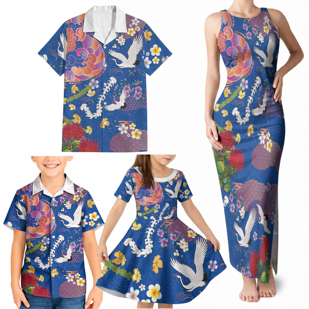 Hawaiian and Japanese Culture Together Family Matching Tank Maxi Dress and Hawaiian Shirt Kakau Tribal Pattern and Irezumi Art Blue Color