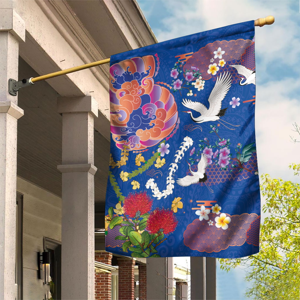 Hawaiian and Japanese Culture Together Garden Flag Kakau Tribal Pattern and Irezumi Art Blue Color