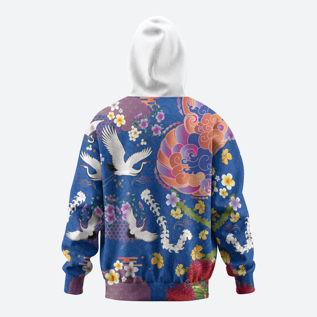 Hawaiian and Japanese Culture Together Hoodie Kakau Tribal Pattern and Irezumi Art Blue Color