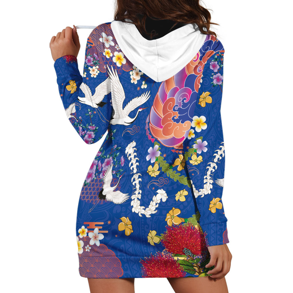 Hawaiian and Japanese Culture Together Hoodie Dress Kakau Tribal Pattern and Irezumi Art Blue Color