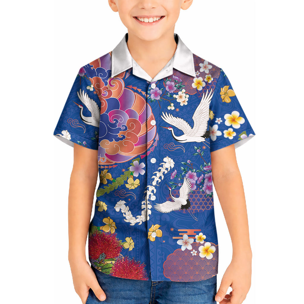Hawaiian and Japanese Culture Together Kid Hawaiian Shirt Kakau Tribal Pattern and Irezumi Art Blue Color