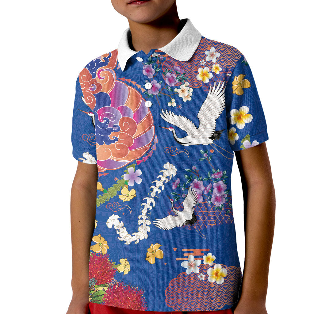 Hawaiian and Japanese Culture Together Kid Polo Shirt Kakau Tribal Pattern and Irezumi Art Blue Color