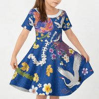 Hawaiian and Japanese Culture Together Kid Short Sleeve Dress Kakau Tribal Pattern and Irezumi Art Blue Color