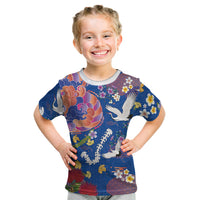 Hawaiian and Japanese Culture Together Kid T Shirt Kakau Tribal Pattern and Irezumi Art Blue Color