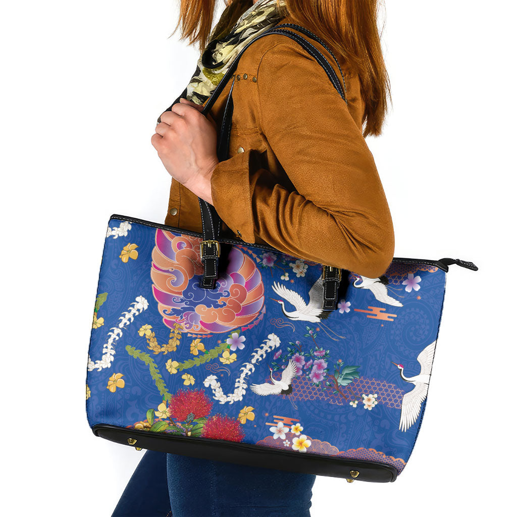 Hawaiian and Japanese Culture Together Leather Tote Bag Kakau Tribal Pattern and Irezumi Art Blue Color