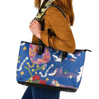 Hawaiian and Japanese Culture Together Leather Tote Bag Kakau Tribal Pattern and Irezumi Art Blue Color