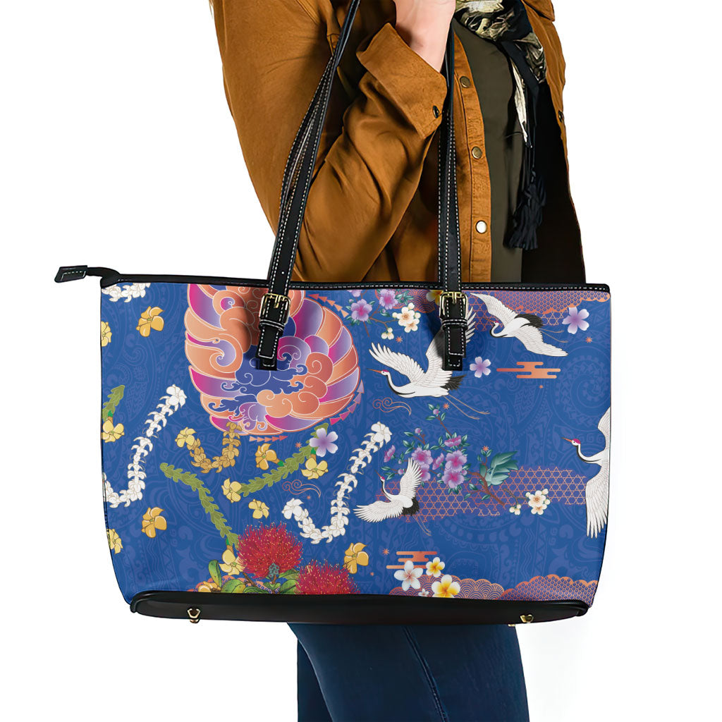 Hawaiian and Japanese Culture Together Leather Tote Bag Kakau Tribal Pattern and Irezumi Art Blue Color