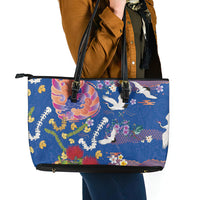 Hawaiian and Japanese Culture Together Leather Tote Bag Kakau Tribal Pattern and Irezumi Art Blue Color