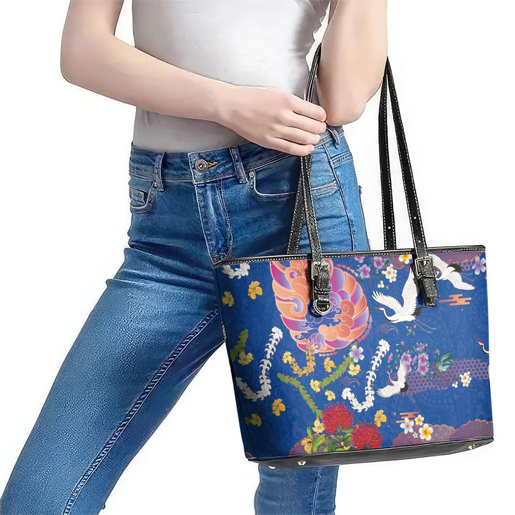 Hawaiian and Japanese Culture Together Leather Tote Bag Kakau Tribal Pattern and Irezumi Art Blue Color
