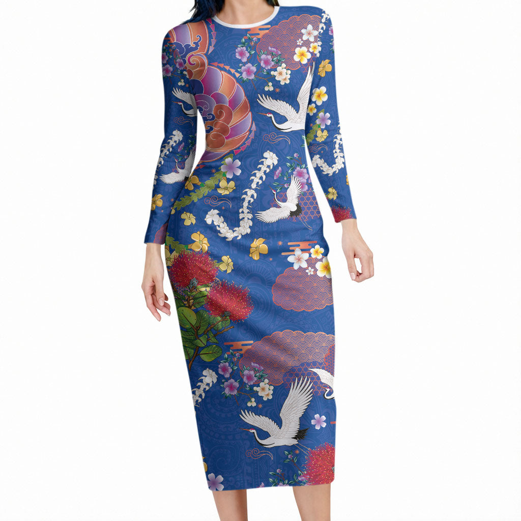 Hawaiian and Japanese Culture Together Long Sleeve Bodycon Dress Kakau Tribal Pattern and Irezumi Art Blue Color