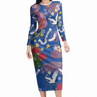 Hawaiian and Japanese Culture Together Long Sleeve Bodycon Dress Kakau Tribal Pattern and Irezumi Art Blue Color