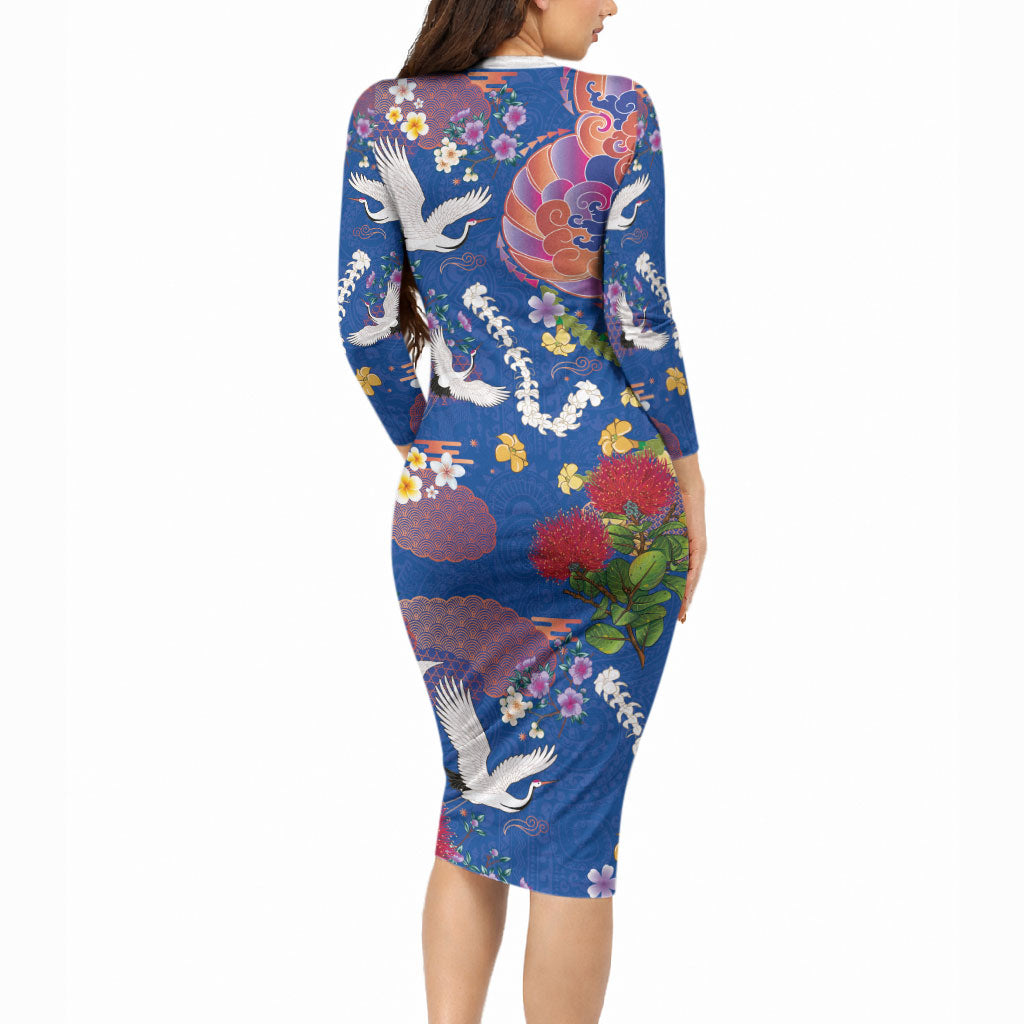 Hawaiian and Japanese Culture Together Long Sleeve Bodycon Dress Kakau Tribal Pattern and Irezumi Art Blue Color