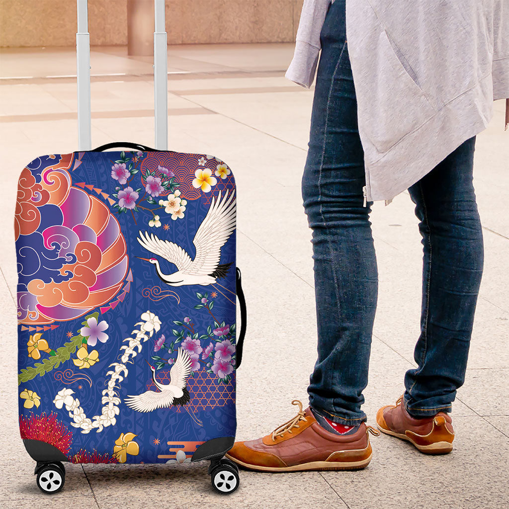 Hawaiian and Japanese Culture Together Luggage Cover Kakau Tribal Pattern and Irezumi Art Blue Color