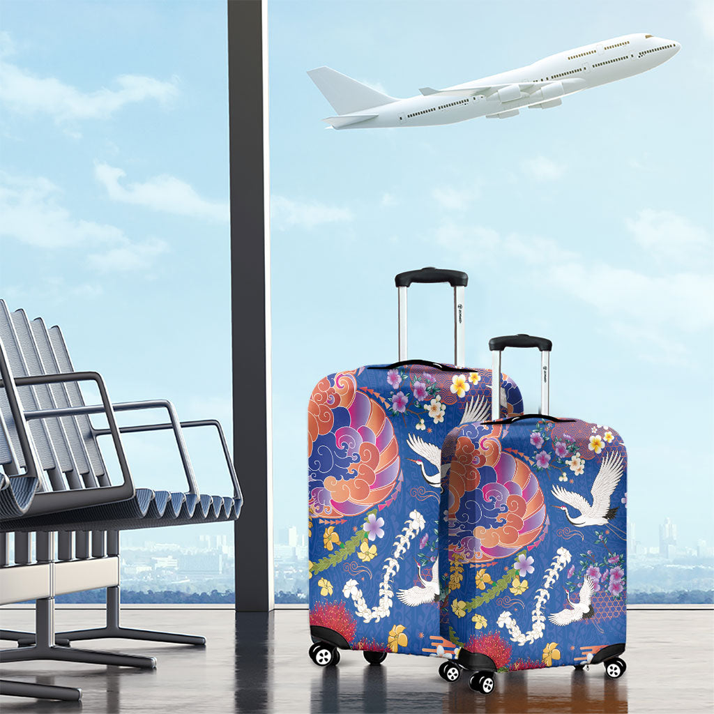 Hawaiian and Japanese Culture Together Luggage Cover Kakau Tribal Pattern and Irezumi Art Blue Color