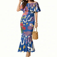 Hawaiian and Japanese Culture Together Mermaid Dress Kakau Tribal Pattern and Irezumi Art Blue Color
