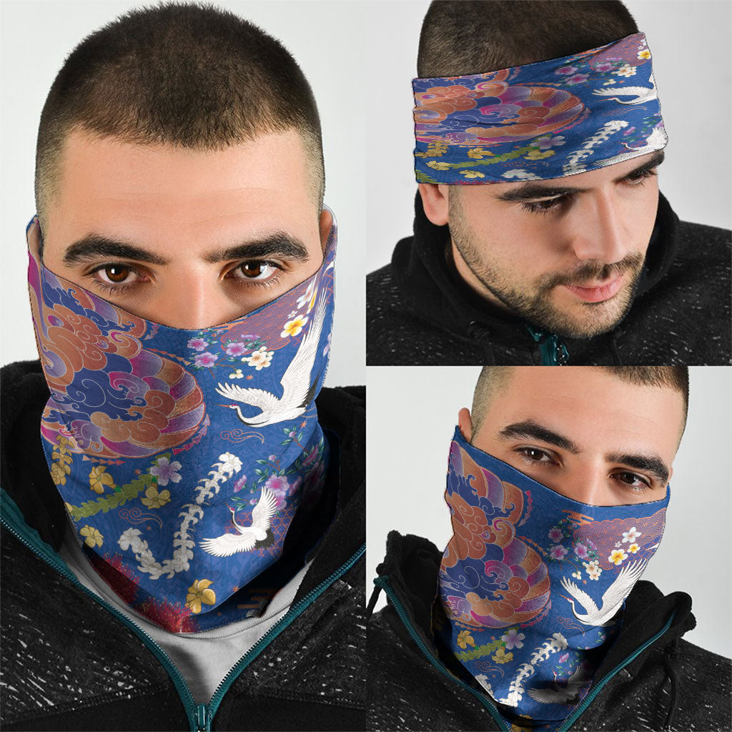 Hawaiian and Japanese Culture Together Neck Gaiter Kakau Tribal Pattern and Irezumi Art Blue Color