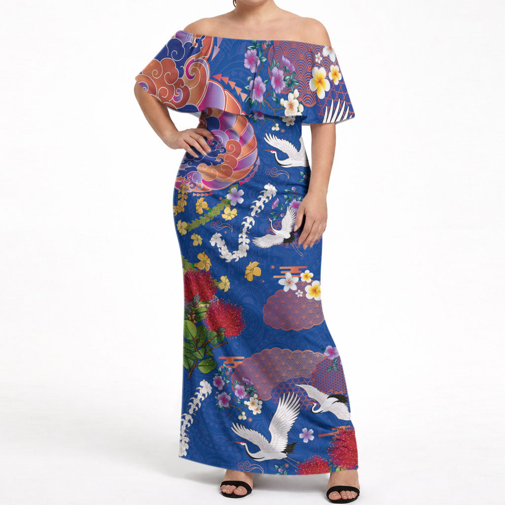 Hawaiian and Japanese Culture Together Off Shoulder Maxi Dress Kakau Tribal Pattern and Irezumi Art Blue Color
