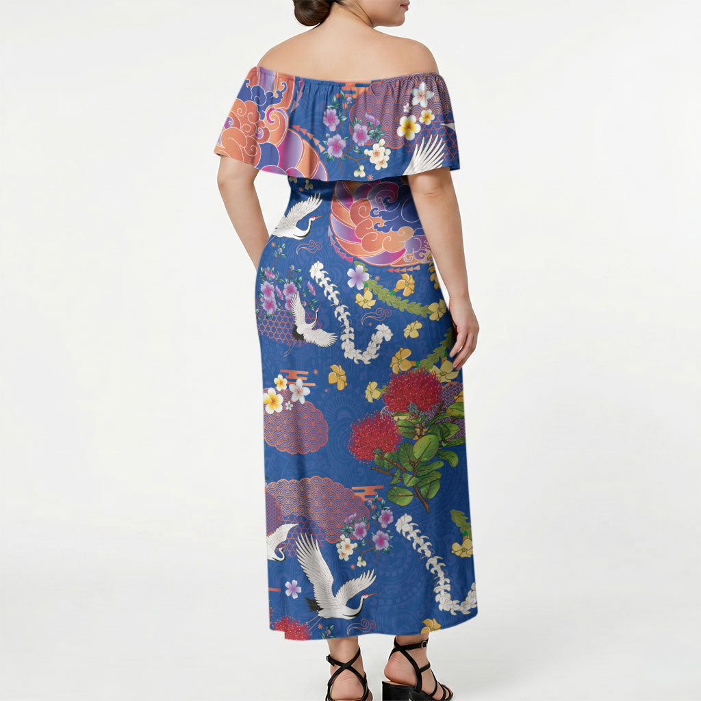 Hawaiian and Japanese Culture Together Off Shoulder Maxi Dress Kakau Tribal Pattern and Irezumi Art Blue Color