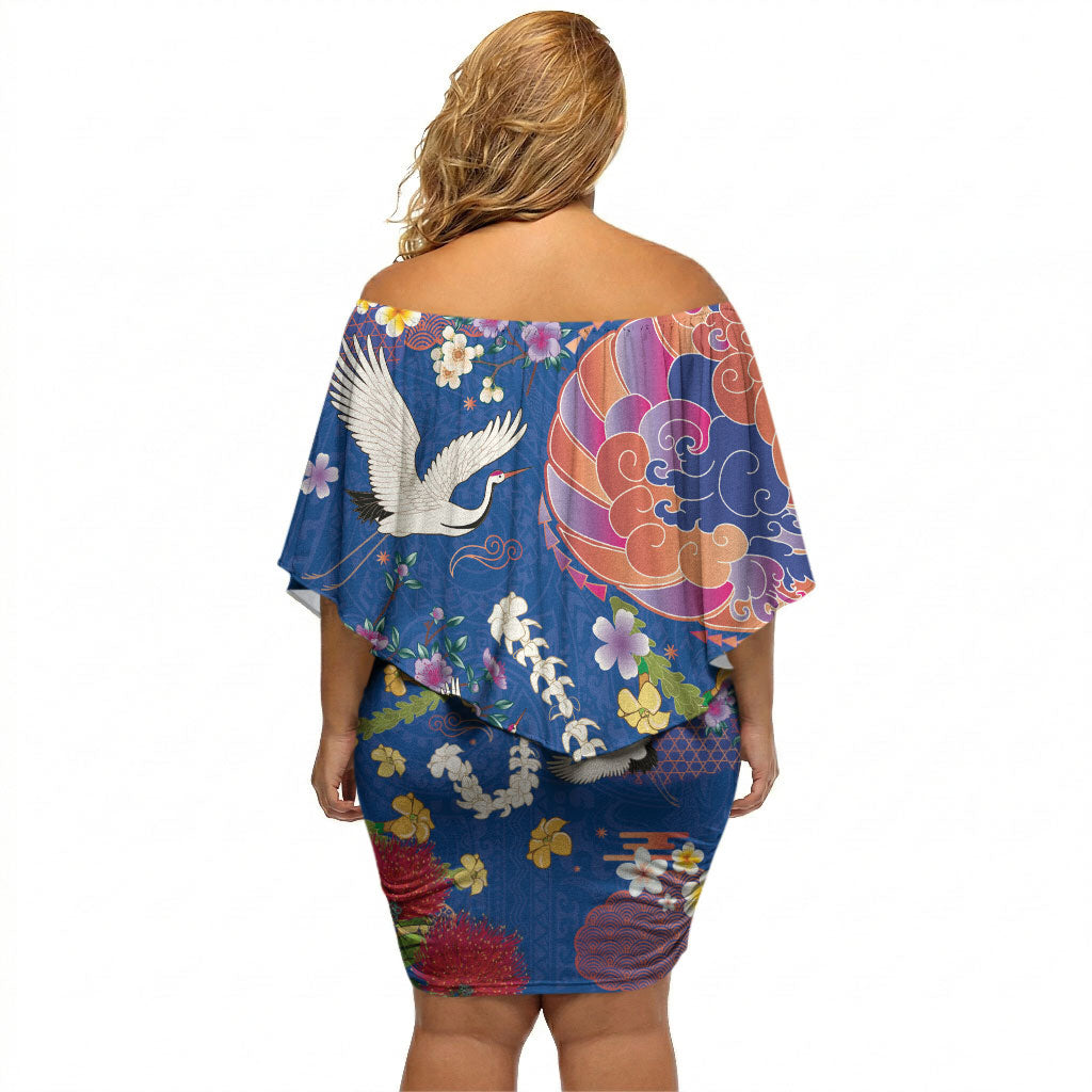 Hawaiian and Japanese Culture Together Off Shoulder Short Dress Kakau Tribal Pattern and Irezumi Art Blue Color