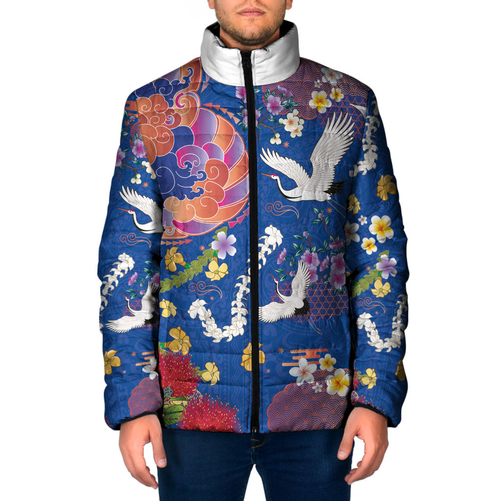 Hawaiian and Japanese Culture Together Padded Jacket Kakau Tribal Pattern and Irezumi Art Blue Color