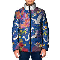 Hawaiian and Japanese Culture Together Padded Jacket Kakau Tribal Pattern and Irezumi Art Blue Color