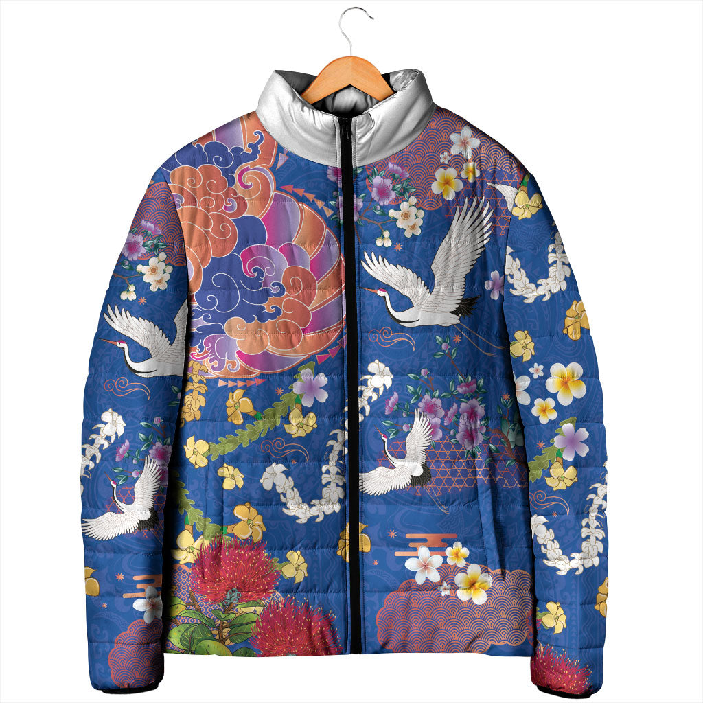 Hawaiian and Japanese Culture Together Padded Jacket Kakau Tribal Pattern and Irezumi Art Blue Color